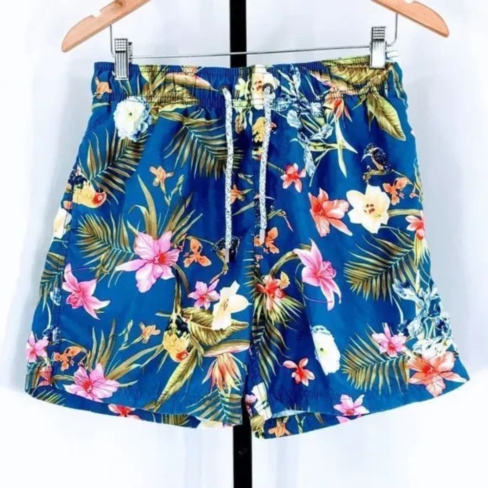 Island Haze Men Swim Trunks Blue Hibiscus Lined Drawstring Pocket Sz M